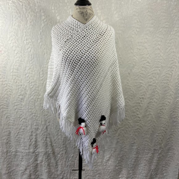 Hand Crafted Sweaters - Beautiful white crocheted handmade poncho 3 little snowmen accents